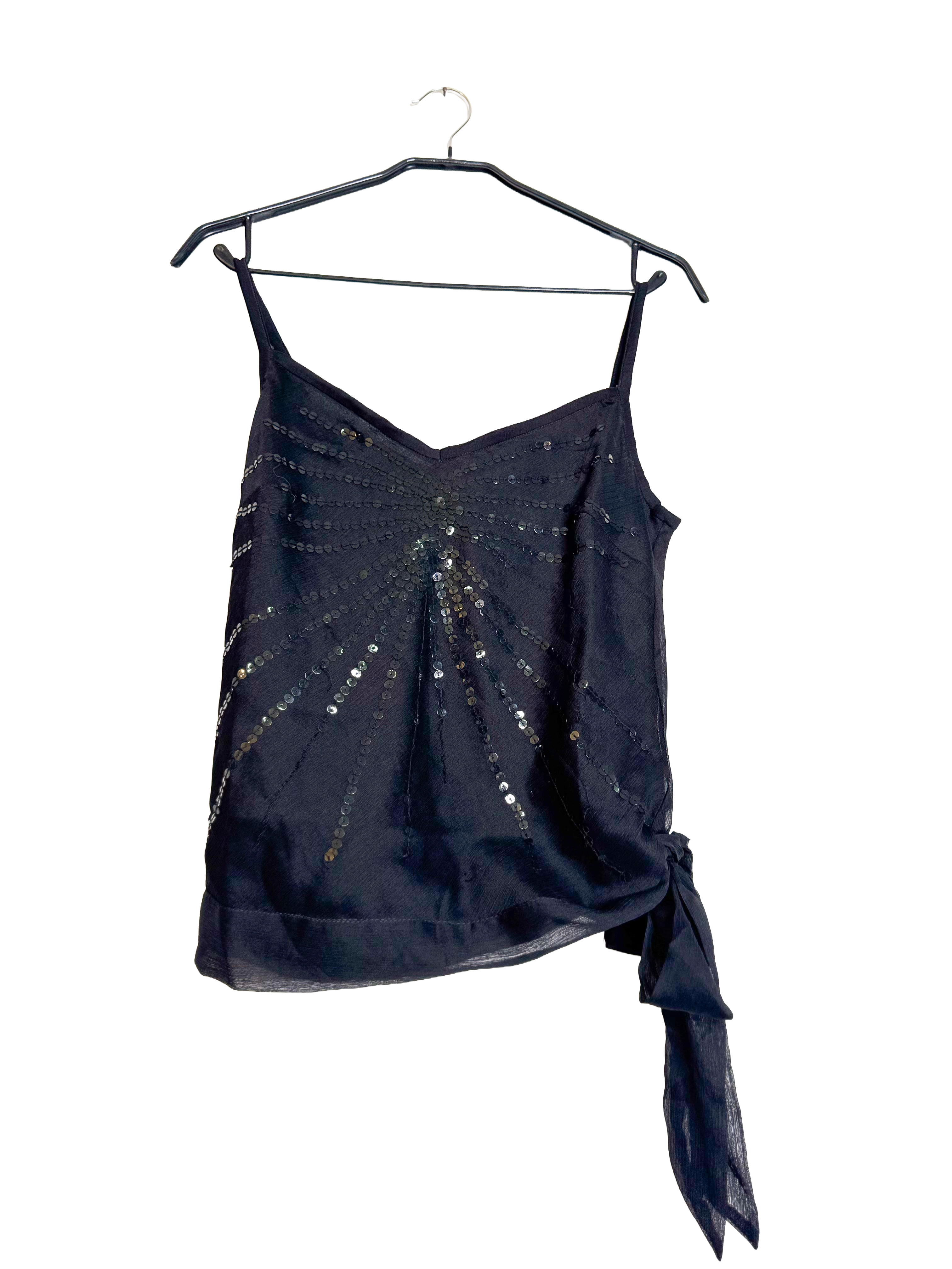 🖤 גופיית סאטן שחורה עם פייטים וקשירה בצד