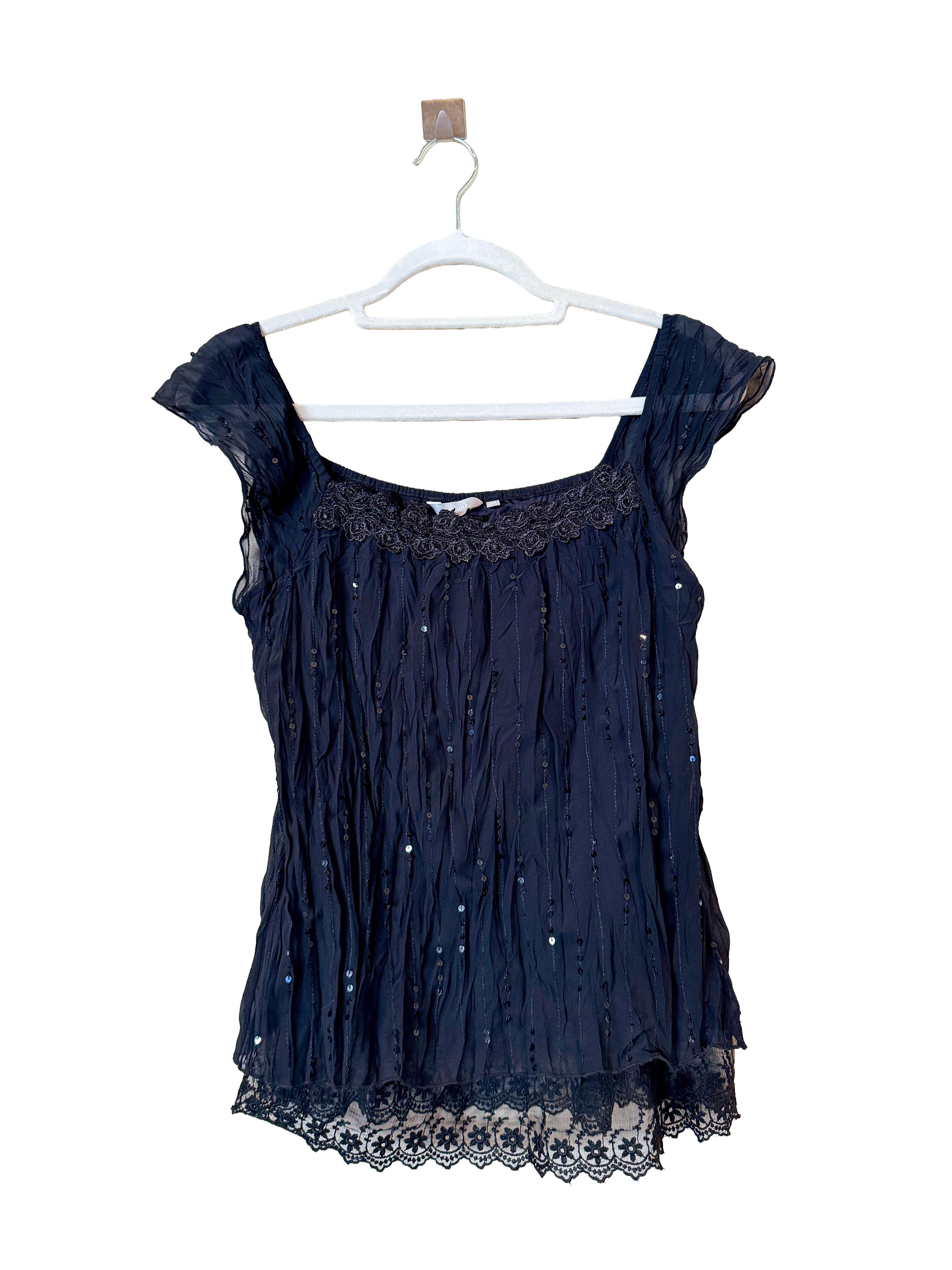 Black Lace Mesh Sequin Top