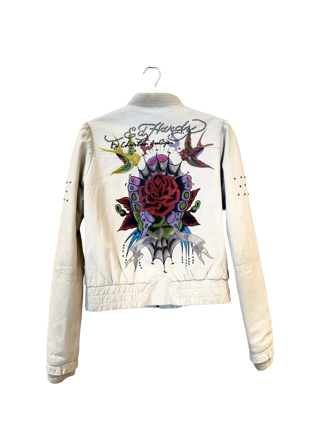 מעיל עור לבן עם ציורים וניטים – Ed Hardy by Christian Audigier – Y2K Statement Piece
